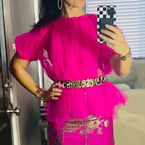 Psofia neon pink tulle mesh blouse XS S NWT